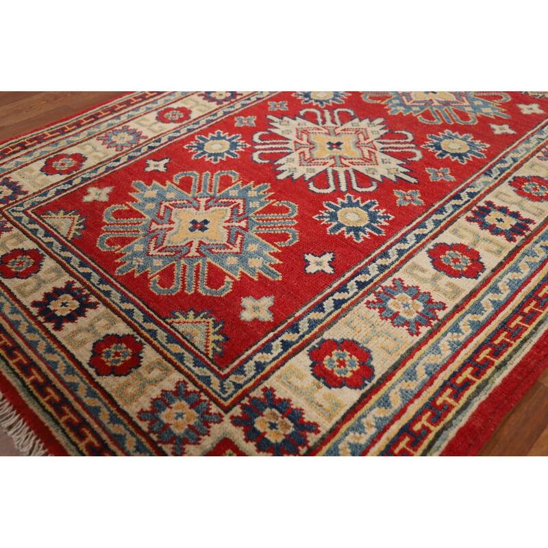 Red Kazak Foyer Rug Hand-Knotted Geometric Wool Carpet - 3'0"x 4'0"