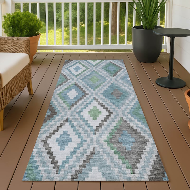 Machine Washable Indoor/ Outdoor Global Geo Chantille Rug - Teal - 2'3" x 7'6"