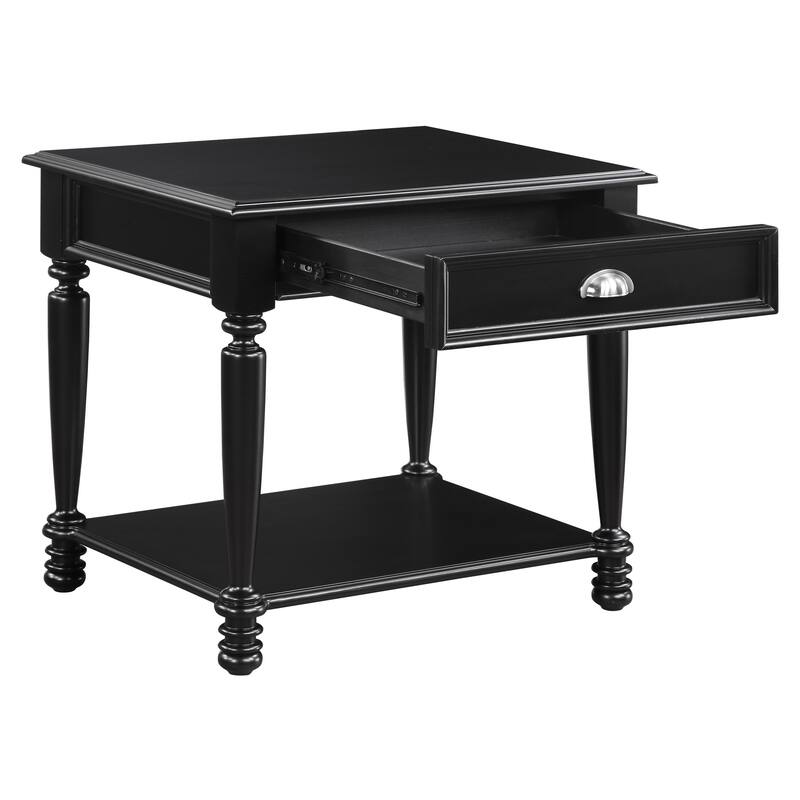 Classic Design Black Finish End Table with Drawer and Shelf Wooden Side Table Bottom