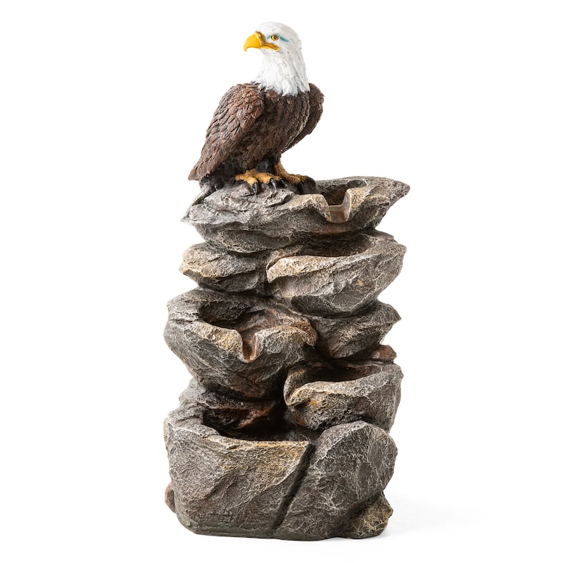 Glitzhome 25.25"H 4-Tiered Polyresin Eagel Stone Outdoor Fountain with Lights