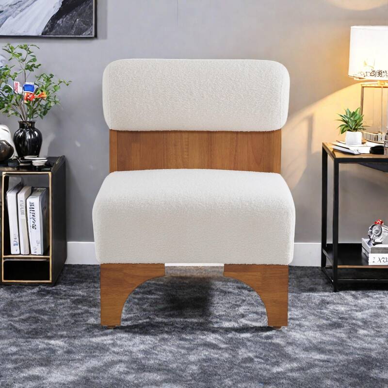 Boucle Lounge Chair with Solid Wood Frame, Rolled Backrest, and Ergonomic Design - Beige+Natural