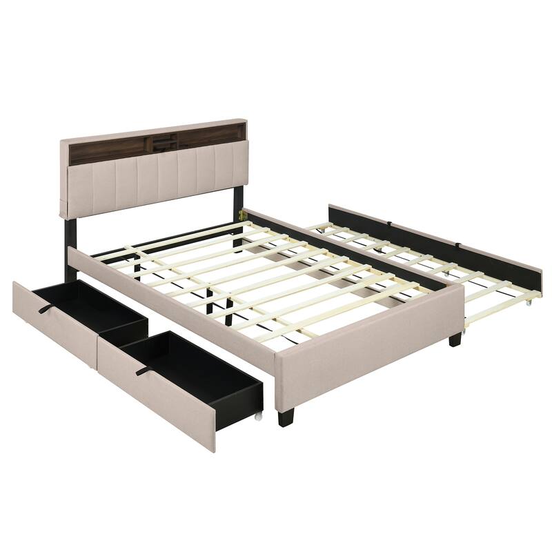 Queen size Upholstered Platform Bed with Twin XL Size Trundle