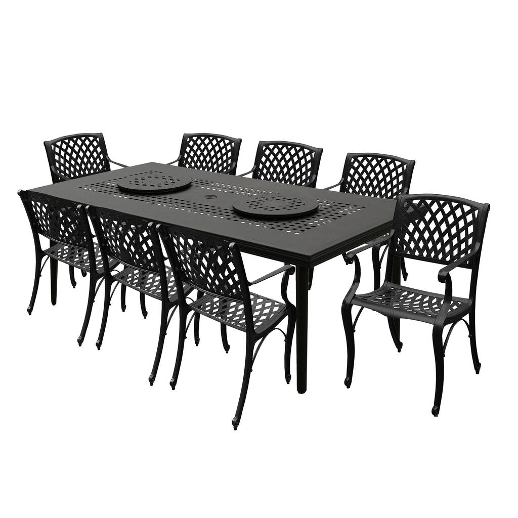 Modern Ornate Outdoor Mesh Aluminum 84-in Large Rectangular Patio Dining Set with Two Lazy Susans and Eight Chairs