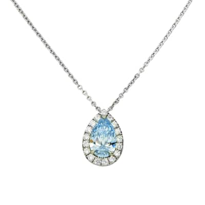 House Of Leon Platinum Pear Cut Fancy Intense Blue Diamond Pendant & Chain Necklace 1.26ct GIA