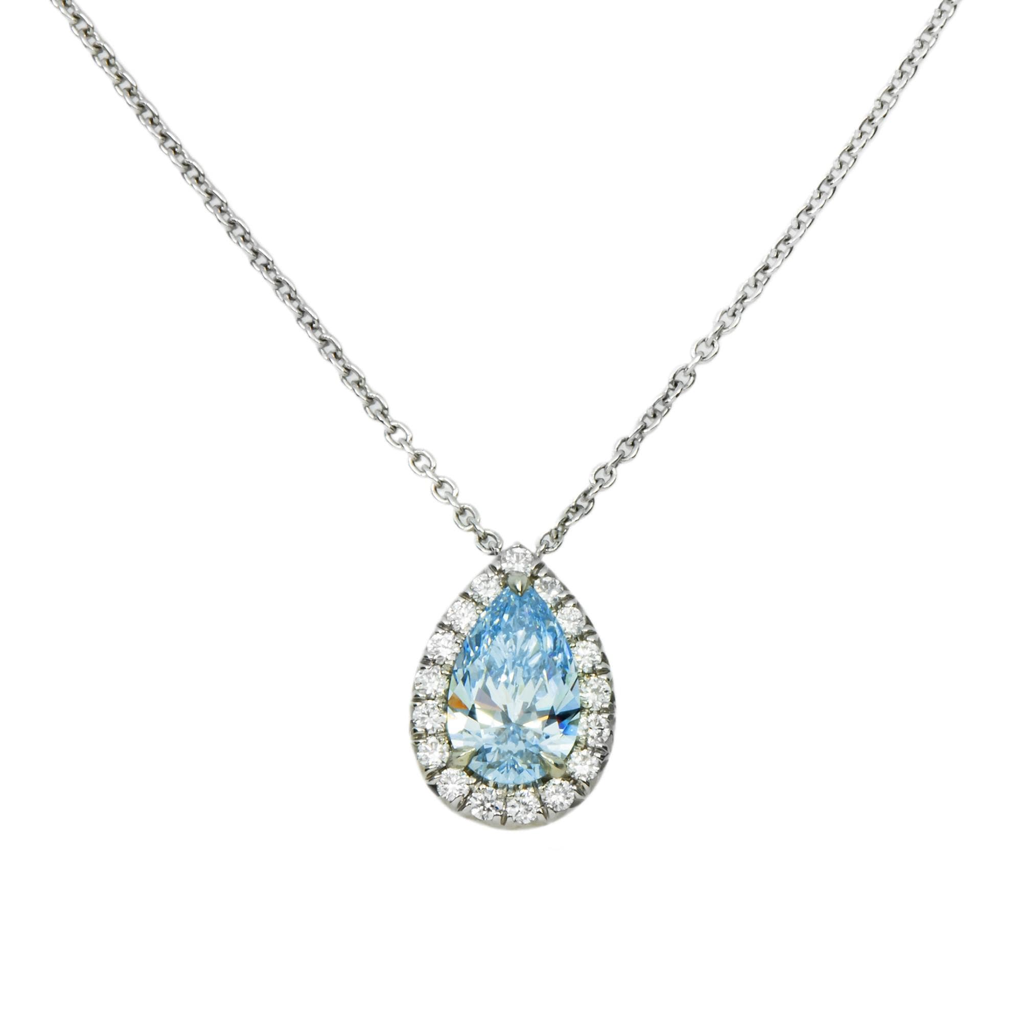 House Of Leon Platinum Pear Cut Fancy Intense Blue Diamond Pendant & Chain Necklace 1.26ct GIA