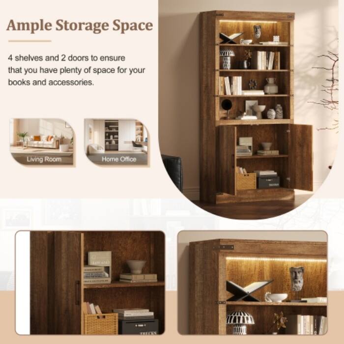 83.4" Modern Bookshelf with Doors, Farmhouse Bookcase with 3-Tier Adjustable Shelves, LED Light Display Cabinet for Living Room