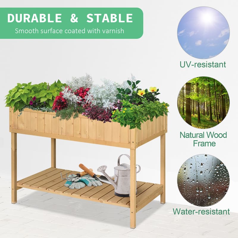 Raised Garden Bed with 8 Pockets and Shelf, Wooden Elevated Box with Legs to Grow Herbs, Vegetables, and Flowers, Natural