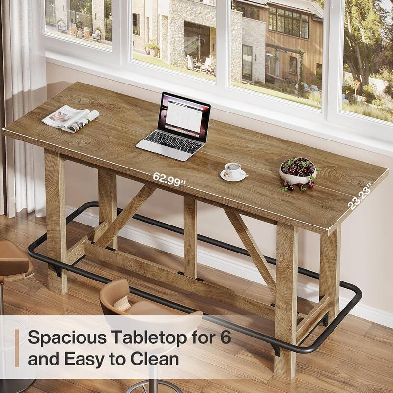 63" Long Bar Table, Farmhouse Counter Height Pub Dining Table with Footrest - 63" L x 23.2" W x 35.4" H