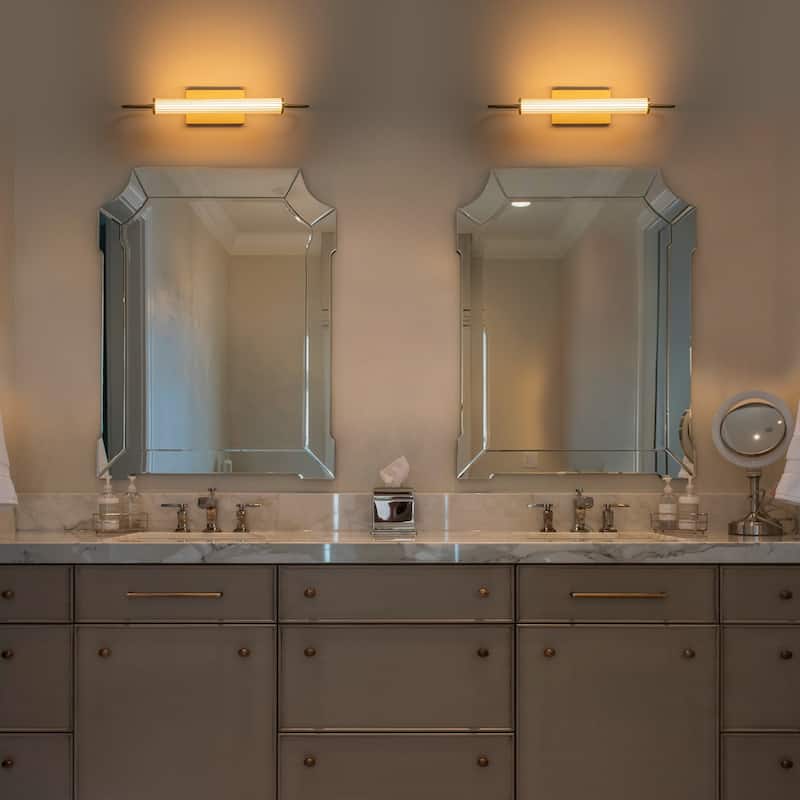 Modern Gold LED Wall Sconce with Cylinder Acrylic Shade Bathroom - W-23.85 in.