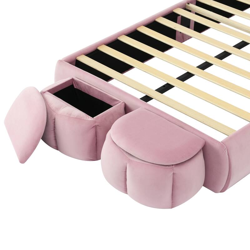 Twin Size Upholstered Platform Bed with Cartoon Ears Headboard and LED Light, Pink