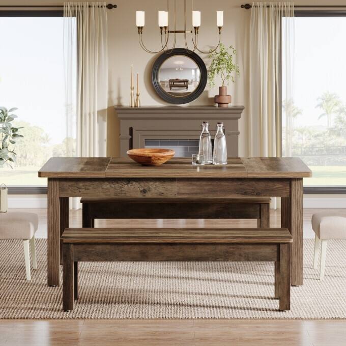 55-Inch Farmhouse Kitchen Table Set, Wood Dining Table with 2 Benches
