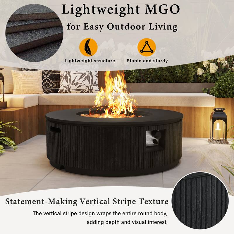 38.19" Propane Outdoor Fire Pit with Vertical Stripe Design, 50000 BTU Round Fire Pit Table with Steel Burner, Flame Control