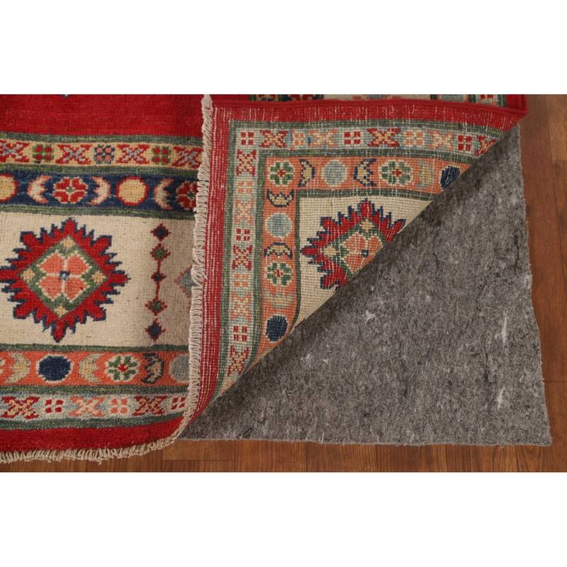 Red Geometric Kazak Living Room Area Rug Handmade Wool Carpet - 6'7" x 9'11"