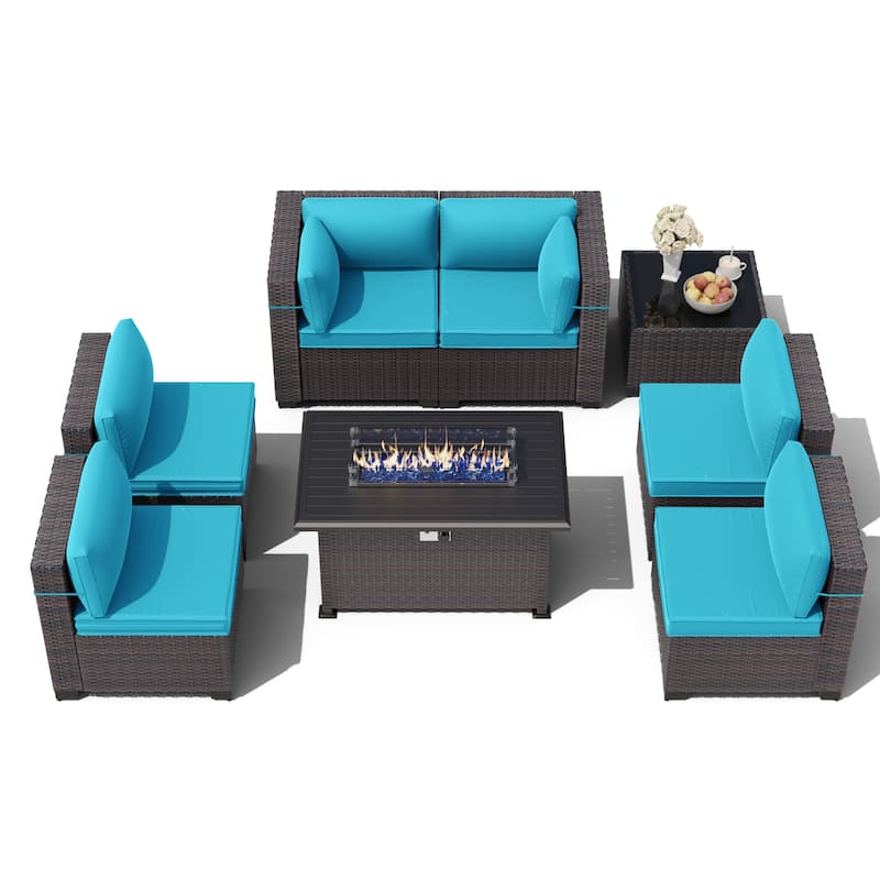 Outdoor Rattan Sectional Sofa Set, Patio Furniture Conversation Set with Fire Pit Table - 8PCS w/Firepit - Turquoise