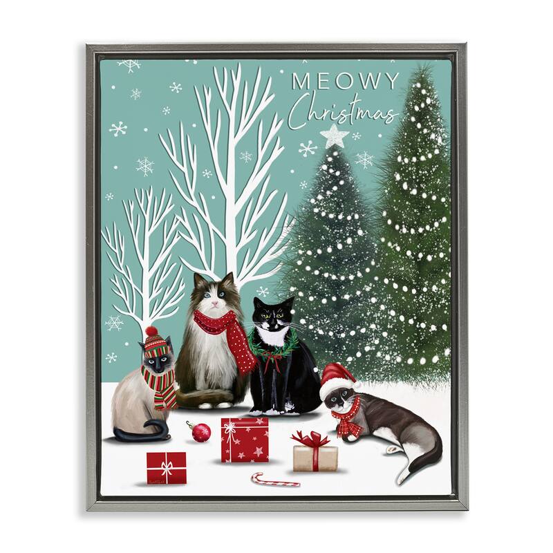 Stupell Festive Winter Cats Scene Framed Floater Canvas Wall Art Design By Elizabeth Tyndall - 25 x 31 - Grey