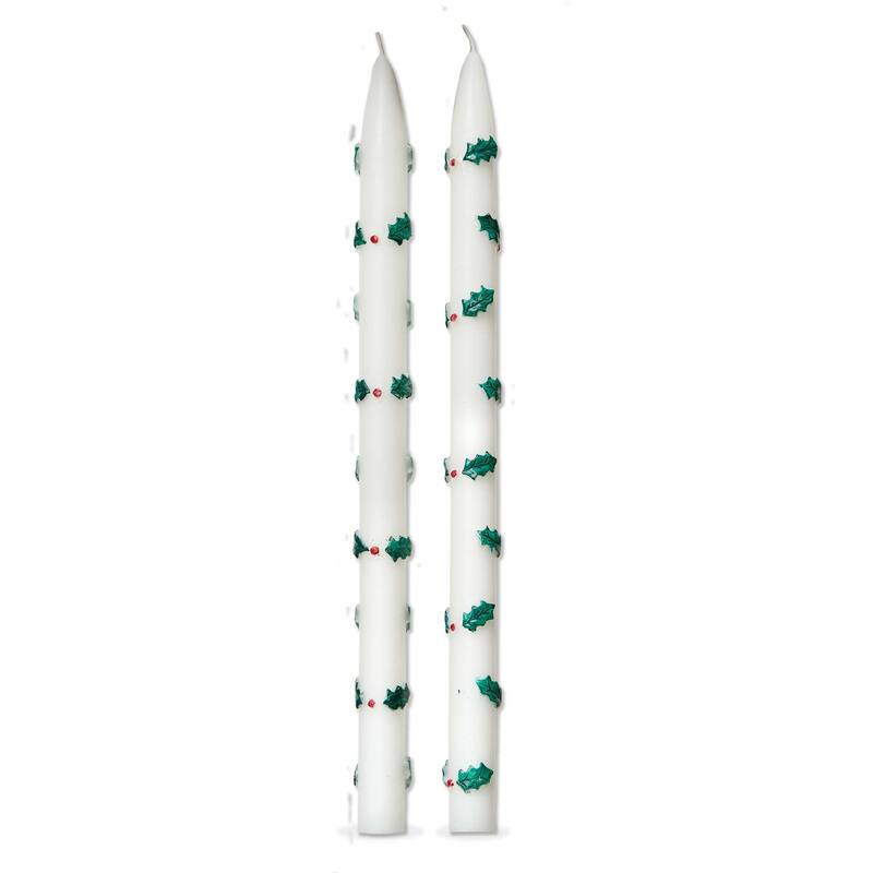 Holly Berries Hand Painted Taper Candles - Christmas Green Multi, 12" Tall, 6-Hour Burn Time, Paraffin Wax