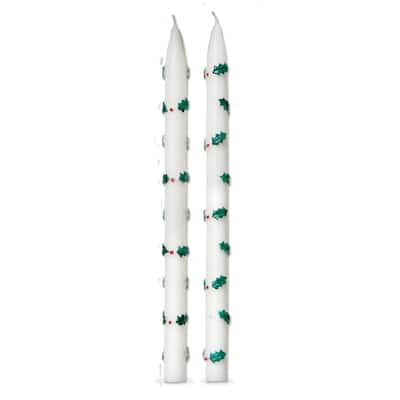 Holly Berries Hand Painted Taper Candles - Christmas Green Multi, 12" Tall, 6-Hour Burn Time, Paraffin Wax