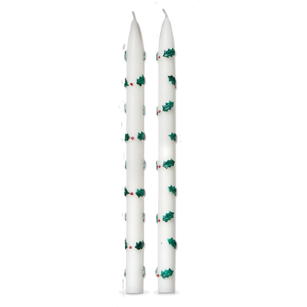 Holly Berries Hand Painted Taper Candles - Christmas Green Multi, 12" Tall, 6-Hour Burn Time, Paraffin Wax