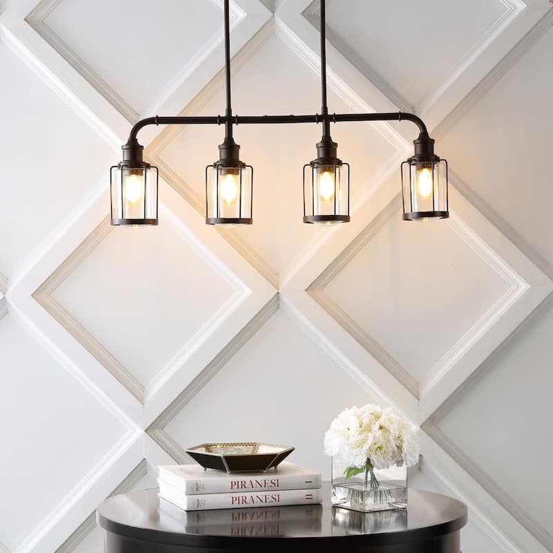 Arlo 34" 4-Light Farmhouse Industrial Iron/Glass Linear LED Pendant, Oil Rubbed Bronze/Clear by JONATHAN Y