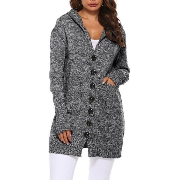 Womens Sweater Hooded Button Up Knit Sweater Open Front Cardigan Outwear With Pockets. Opens flyout.