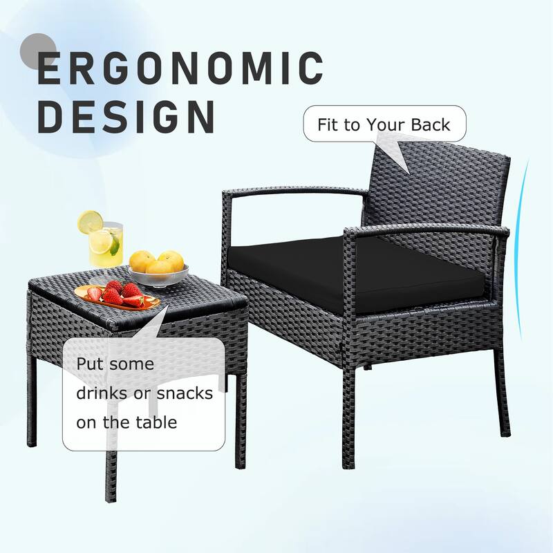 Outdoor Furniture 3 Piece Patio Bistro Furniture Set, Rattan Conversation Chairs Set with Side Table and Cushions