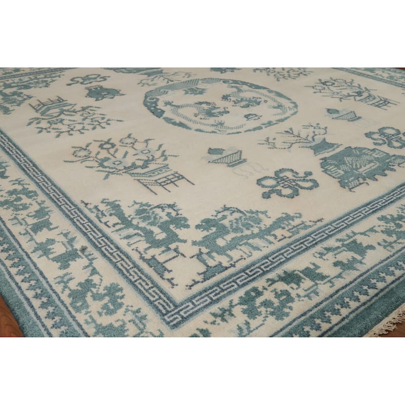 Art Deco Indian Square Area Rug Handmade Wool Carpet - 8'0" x 8'0" - 8'0" x 8'0" - Ivory/Beige