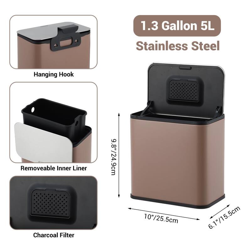 1.3-Gallon / 5 L Stainless Steel Trash Can with Charcoal Filter Lid and Hanging Hook Brown