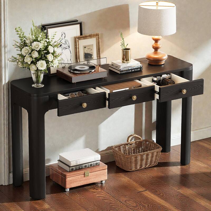 Rustic Console Table with Curved Corners, 3 Concealed Drawers & Thick Wood Legs, Entryway Sofa Table for Hallway & Living Room