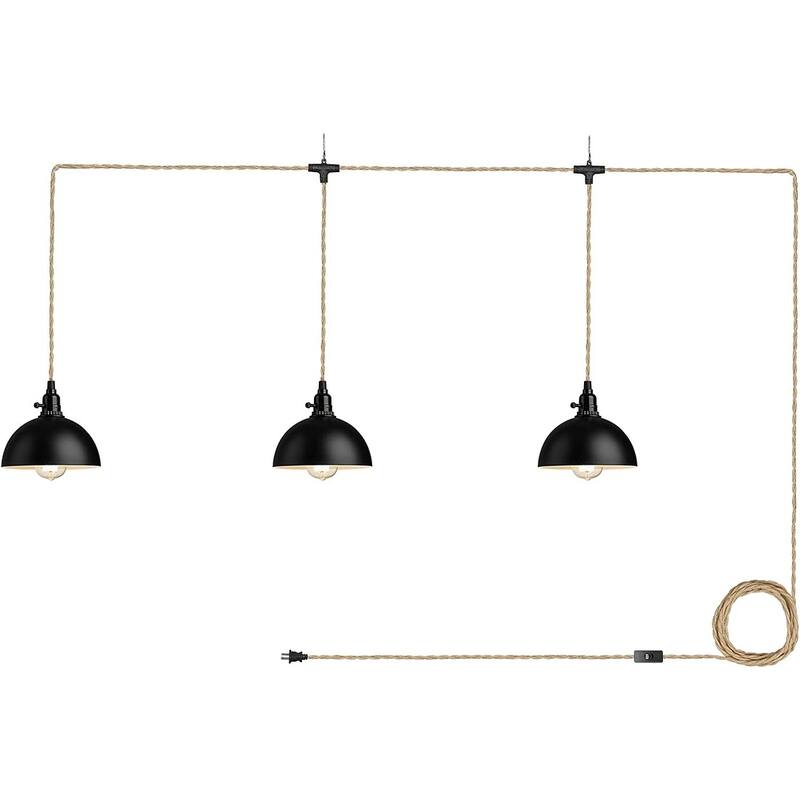 3-Light Pendant Light with Plug in Cord,Industrial Hanging Lamps with 29FT Twisted Hemp Rope Switch - Black