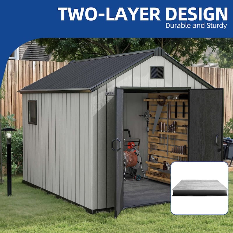 8x10 FT Outdoor Storage Shed with Lockable Door, Large 544 Cuft Resin Shed with Floor Roof Windows Vents