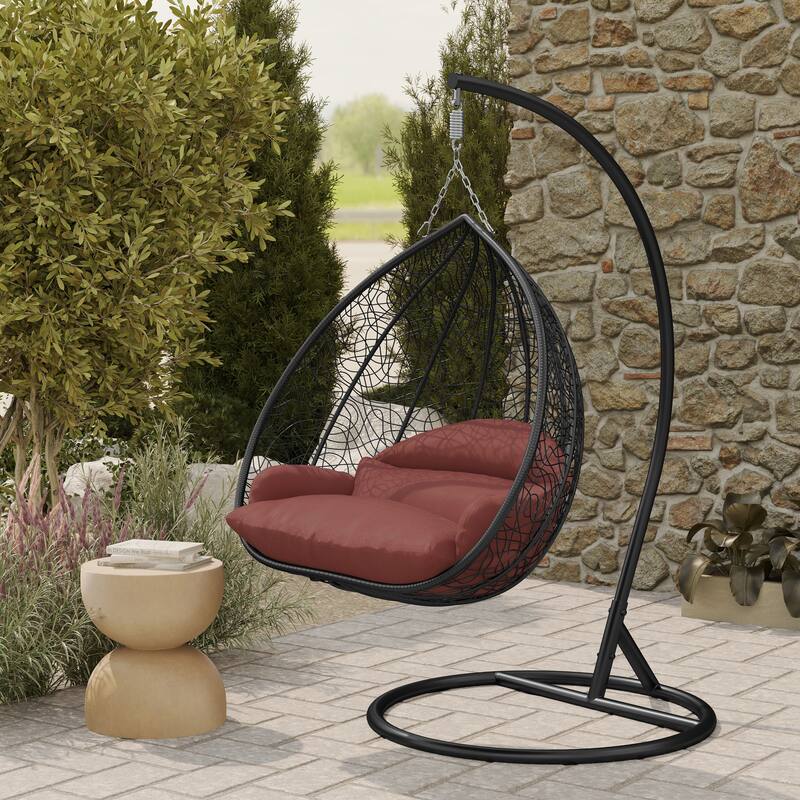 2-Person Outdoor Hanging Egg Chair with Teardrop Frame, Weather-Resistant Cotton Cushioned Seat for Patio and Indoor Use