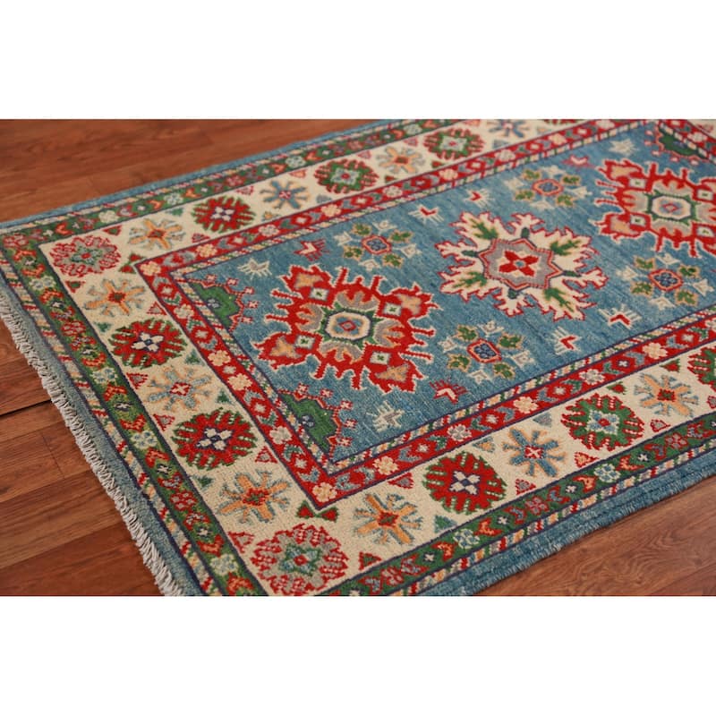 Blue Kazak Accent Rug Handmade Traditional / Geometric Wool Carpet - 2'8"x 4'1"