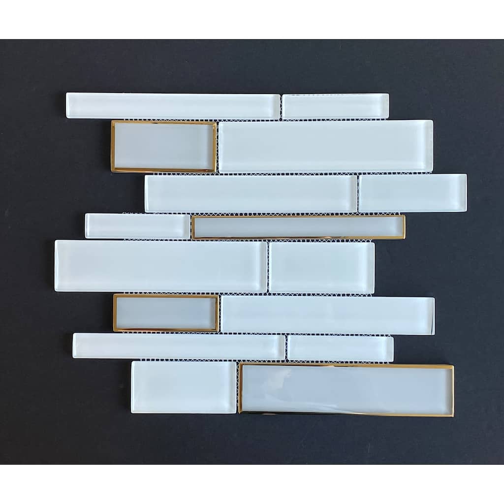 Random Linear White Glass with Glazed Edges Mosaic Wall Tile - 1 Case (10 Sheets)