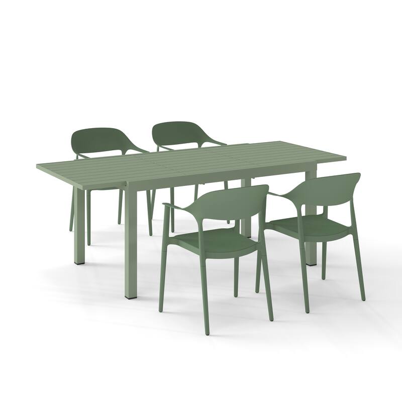 Outdoor Dining Set 5-Piece Stackable Plastic Lightweight Curved Backrest Armchair and Extendable Dining Table