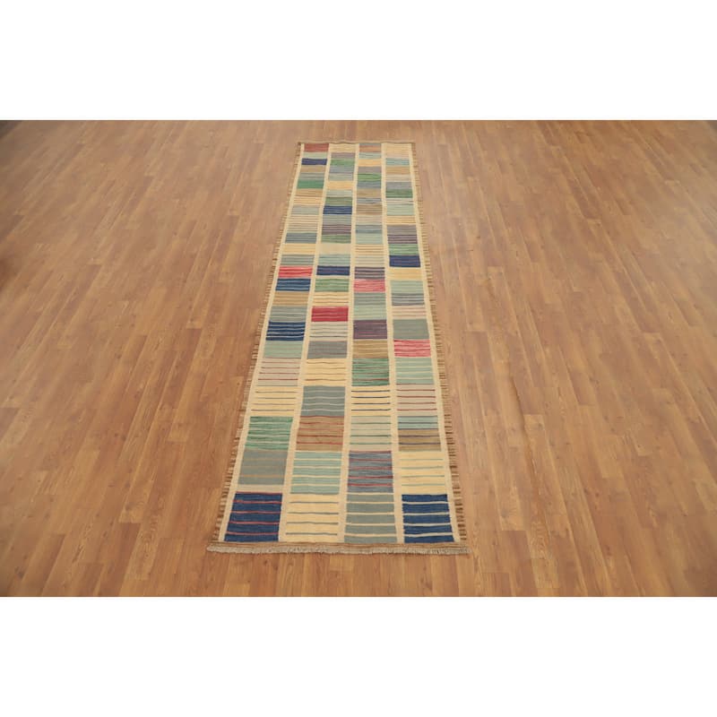 Hand Woven Oriental 100% Wool Carpet Southwestern Modern Multi-Colored Kilim Runner Rug - 10' 2'' X 2' 10''