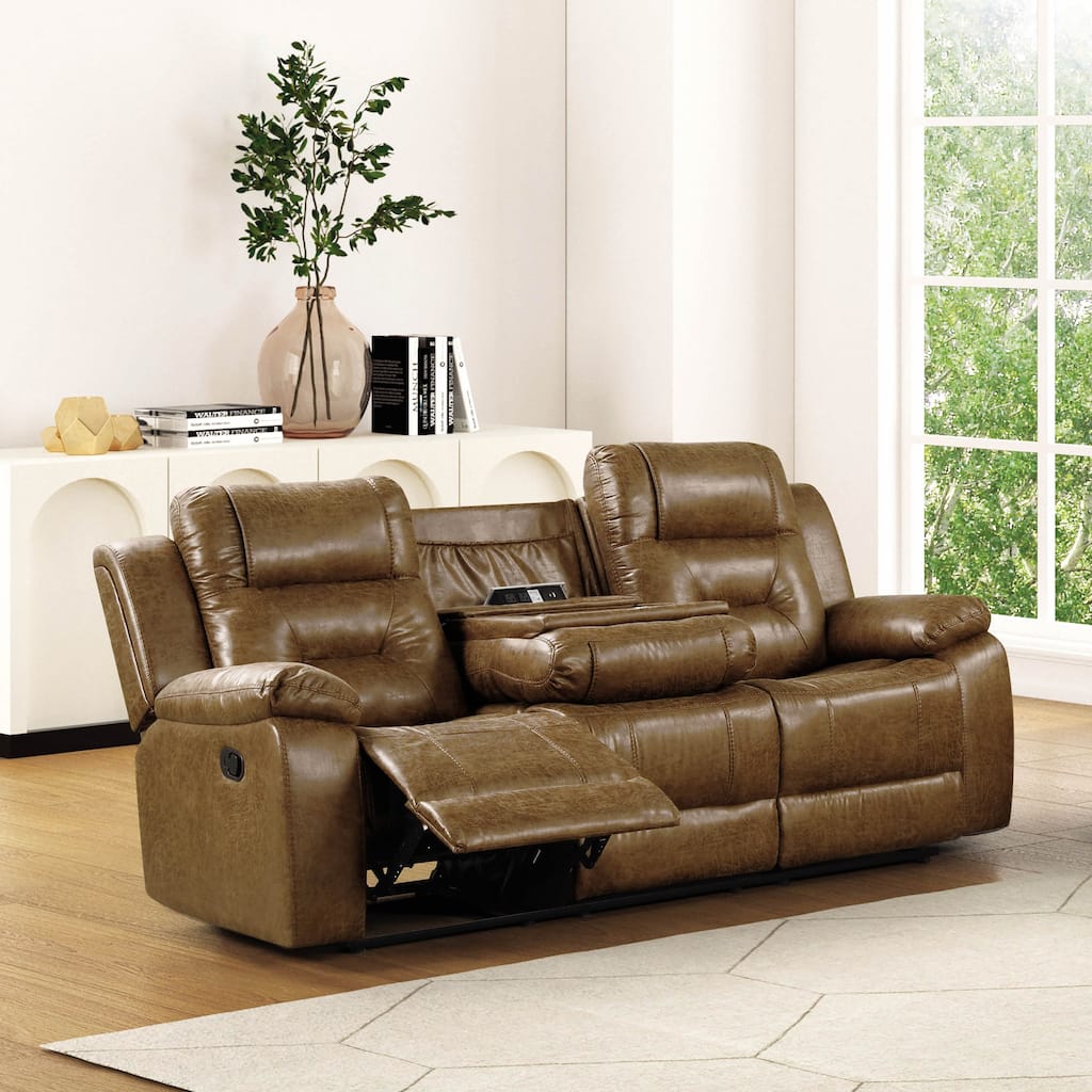 Furniture of America Charlestly Brown Faux Leather Reclining Sofa