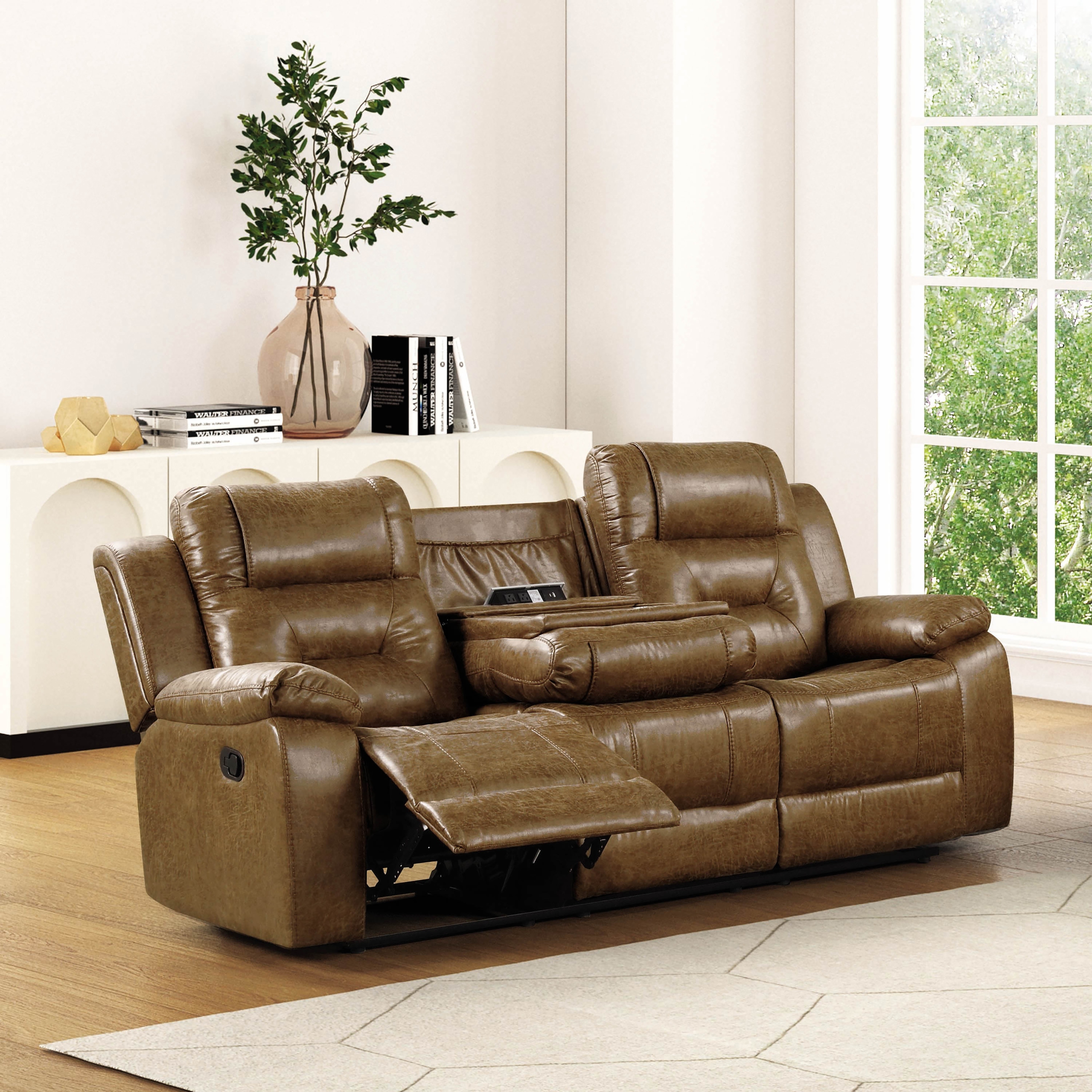 Furniture of America Charlestly Brown Faux Leather Reclining Sofa