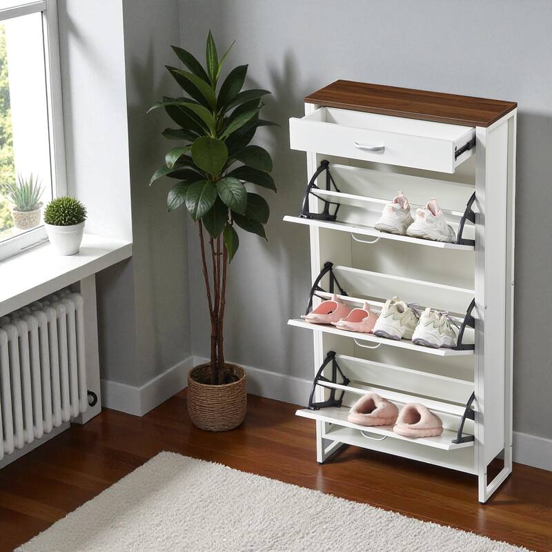 25.6" Slim Shoe Storage Cabinet with 3 Flip Drawers and 1 Drawer, Freestanding Entryway Shoe Organizer for Small Spaces