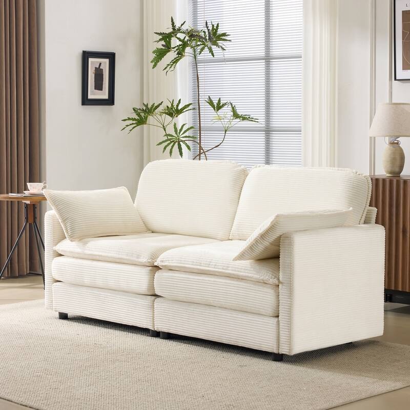 69" Modular 2-Seater Sectional Sofa with 22" Beige Chenille Cushions and 2 Throw Pillows