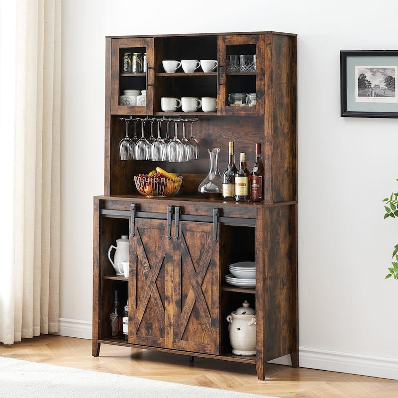 Tall Farmhouse Bar Cabinet with Sliding Barn Door Coffee Bar Sideboard Table