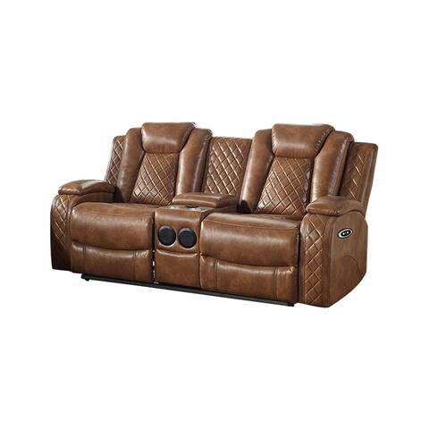 Leatherette and Wood Power Loveseat in Brown Finish