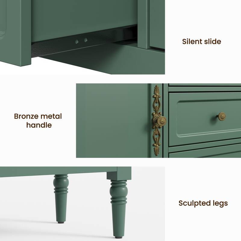 Green Storage Cabinet with 2 Doors & 3 Drawers, Buffet Cabinet with Adjustable Shelves and Turned Legs