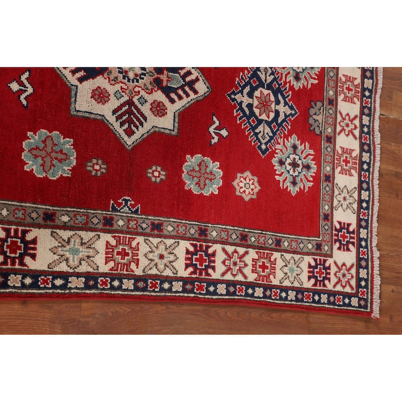 Kazak Accent Rug Hand-Knotted Red Geometric Wool Carpet - 3'4" x 5'0"