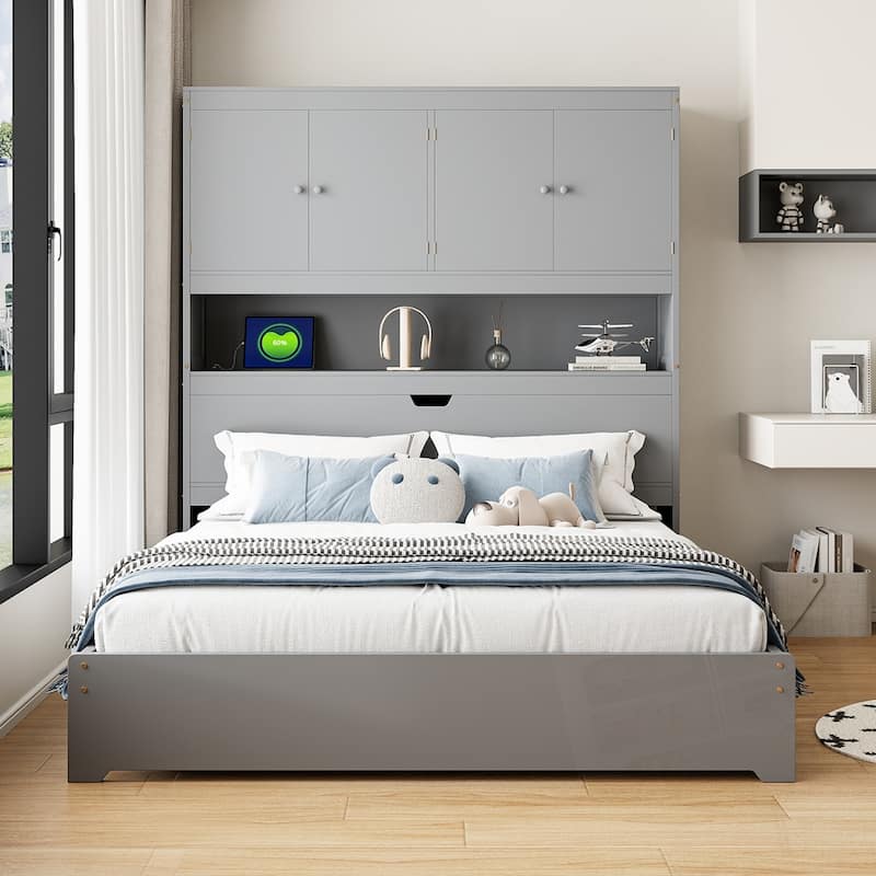 Full Size Wooden Platform Bed with USB and Drawers