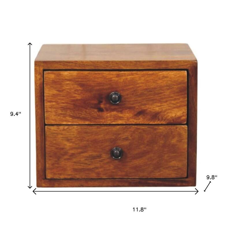 HomeRoots 12" Chestnut Solid Wood Two Drawer Floating Nightstand