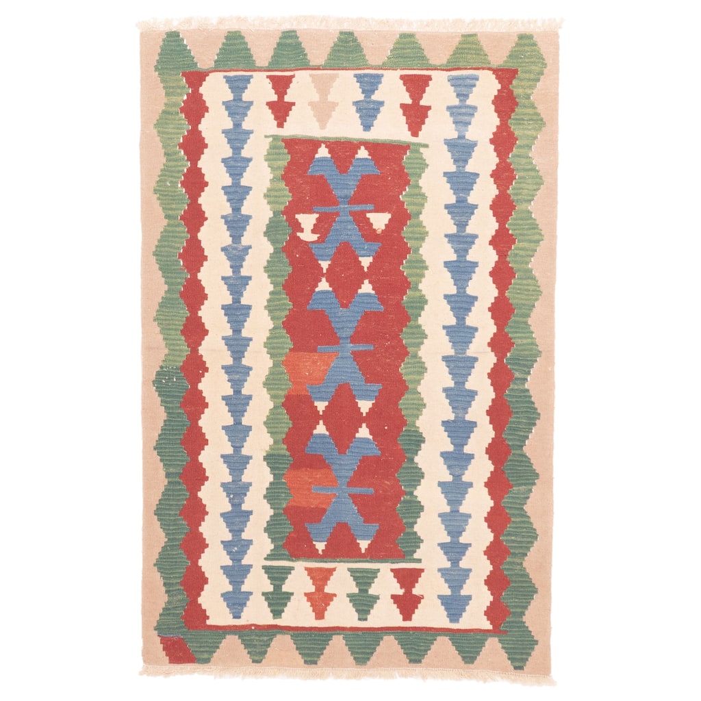 ECARPETGALLERY Flat-Weave Bold and Colorful Dark Red Wool Kilim - 3'10 x 6'0