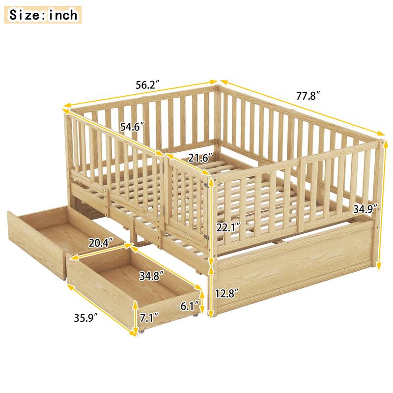 Wood Daybed with Fence Guardrails and 2 Drawers, Split into Independent Floor Bed & Daybed