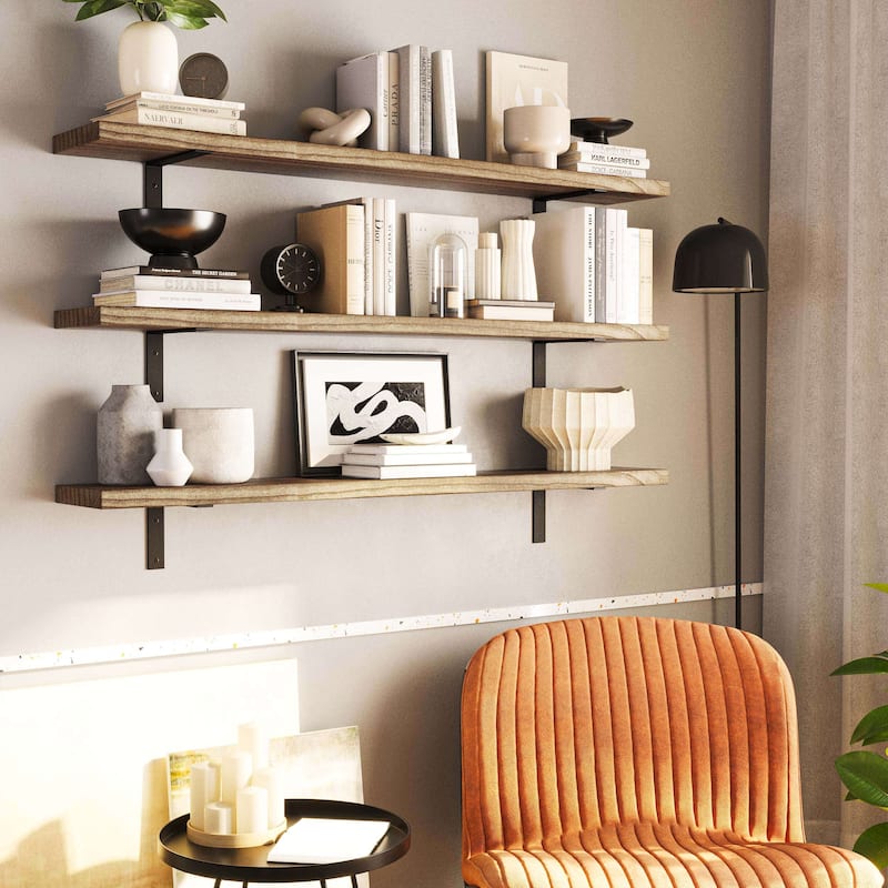 Wallniture Cervo 60-72-84 inch Long, Floating Wood Wall Shelf with Heavy Duty Brackets for Home Decor, Storage and Organization