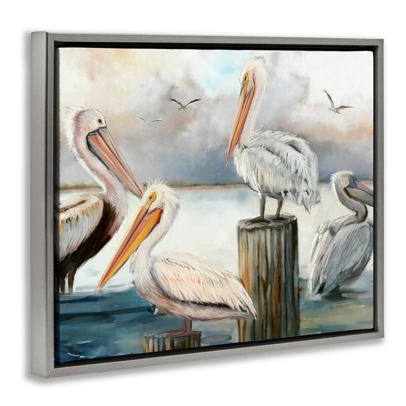 Stupell Pelicans Perched Cloudy Horizon Framed Floater Canvas Wall Art by Ziwei Li