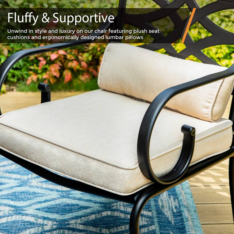 MAISON ARTS 7-Piece Outdoor Dining Set Geometric Rectangle Table & Elegant Cast Iron Pattern Swivel Dining Chairs